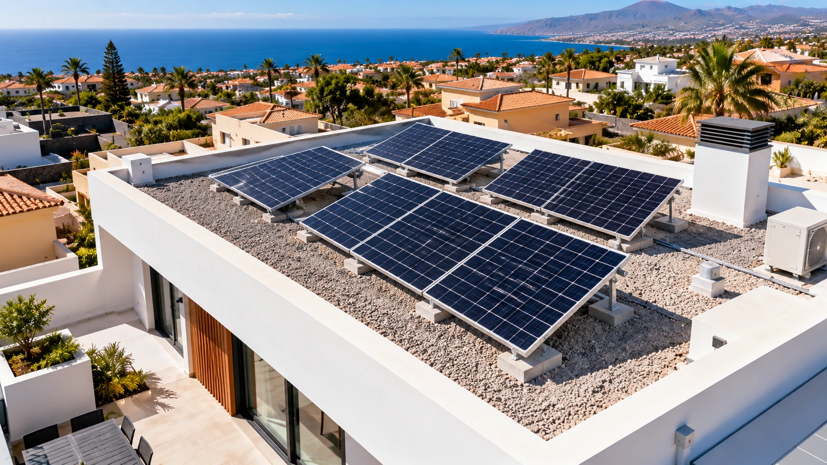 Paneles solares instalados en azotea de una vivienda en Tenerife