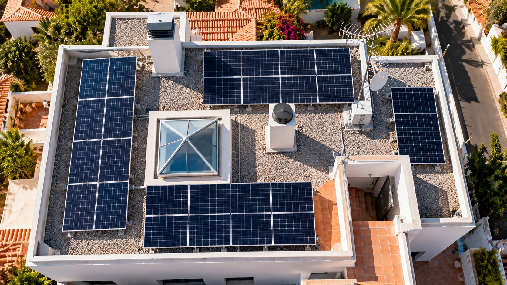 Distribución de paneles solares en una azotea con espacio limitado