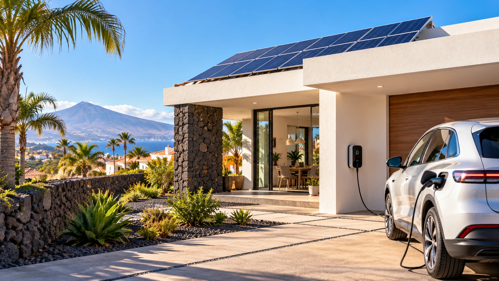 Vivienda con placas solares y vehículo eléctrico